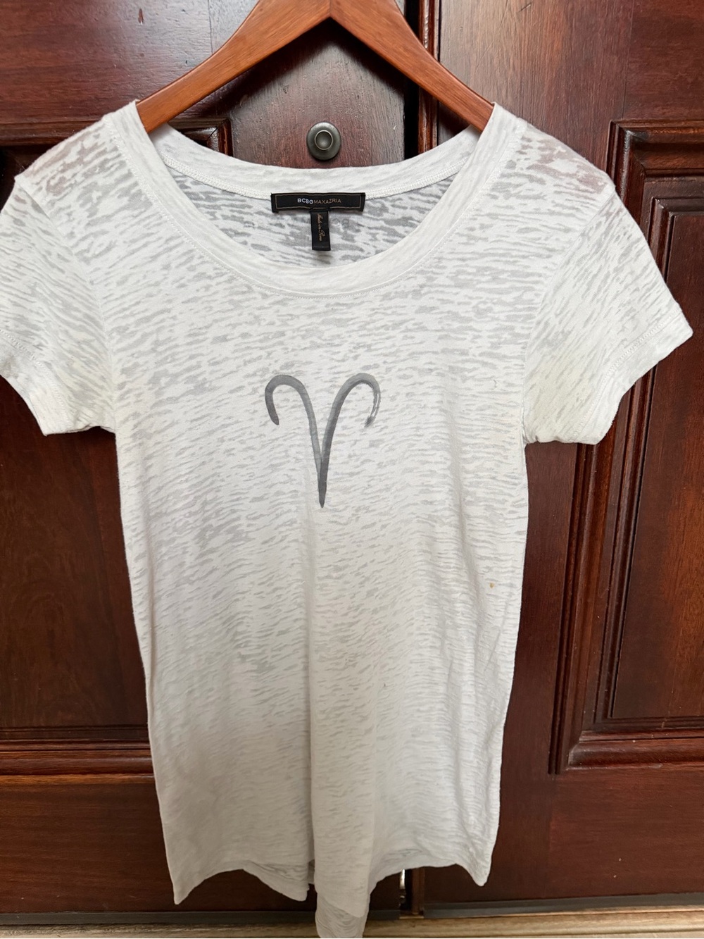 BCBGMaxAzria White Short-Sleeve Burnout Tee with Subtle Gray Symbol
